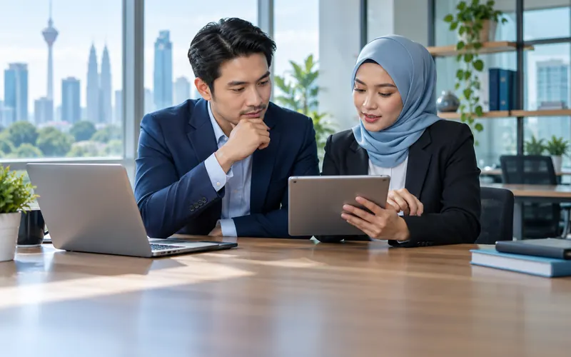 Business professionals reviewing a technology checklist