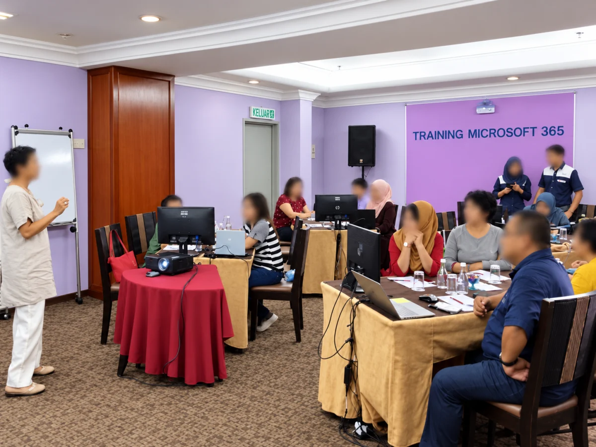 Microsoft 365 training session with a presenter and participants, with faces obscured