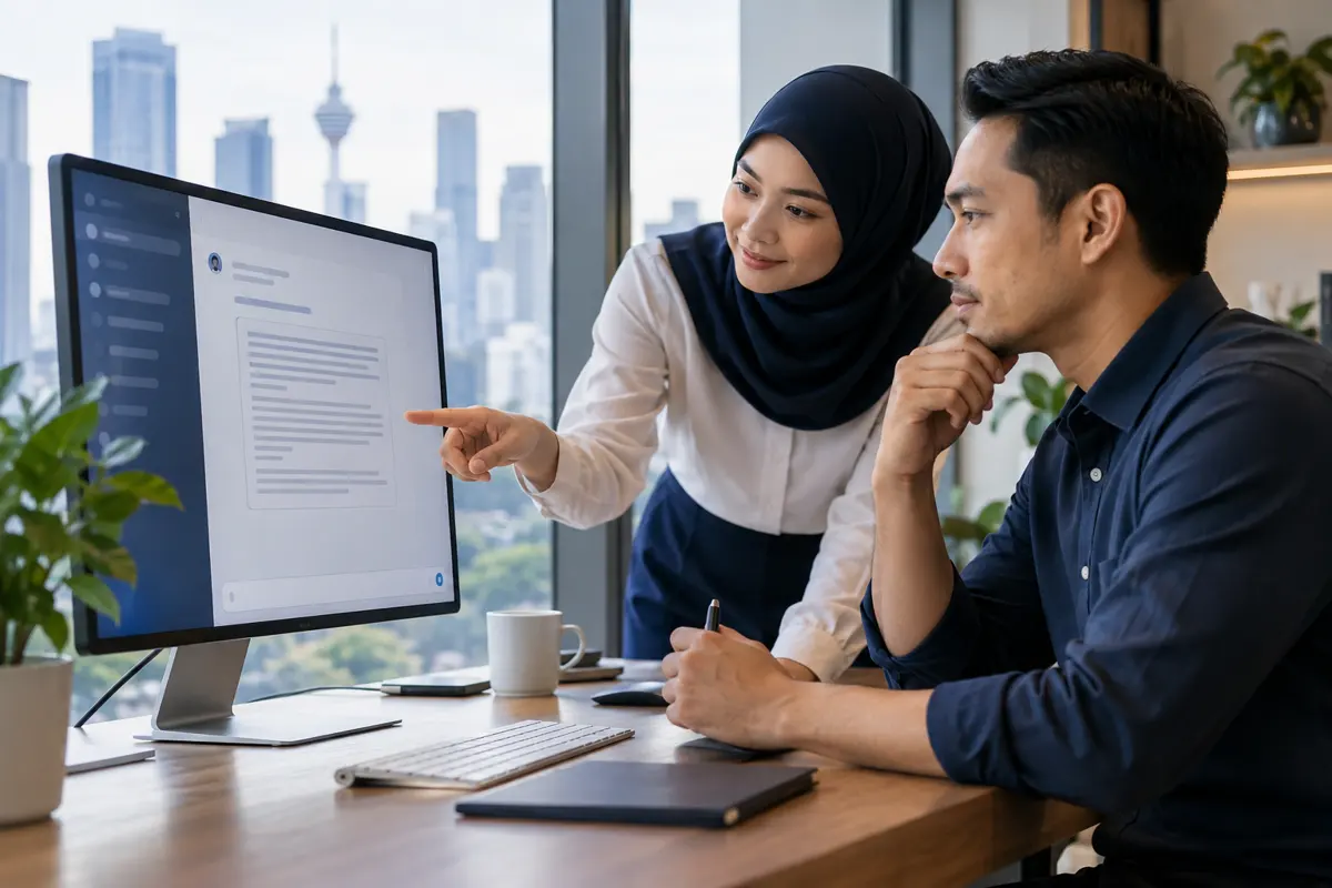 Business colleagues reviewing an AI-assisted draft