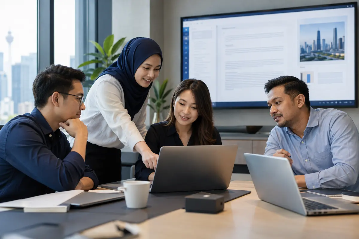Office colleagues collaborating on shared documents