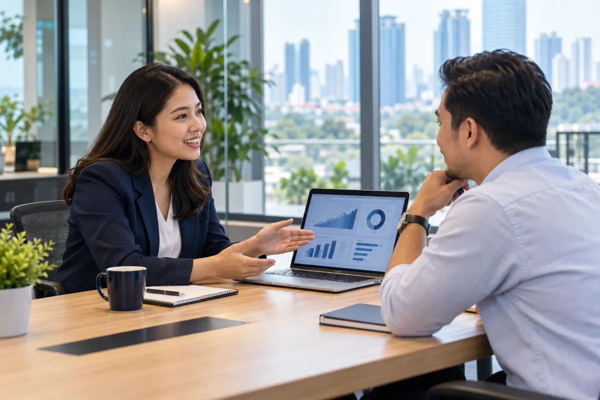 A technology consultant discussing business priorities with a customer in a modern Malaysian office
