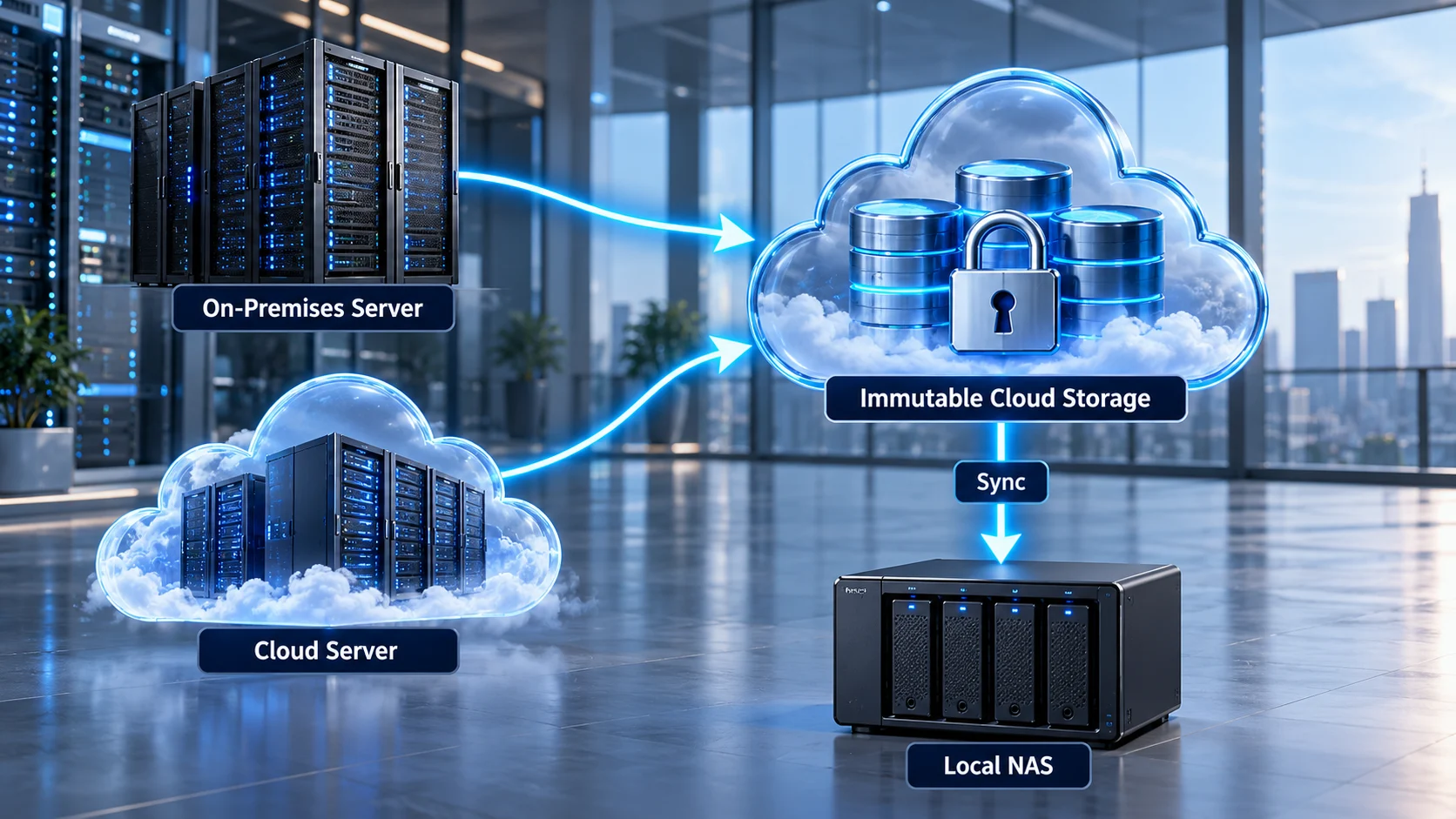 On-premises and cloud servers backing up to immutable cloud storage, then synchronising to a local NAS