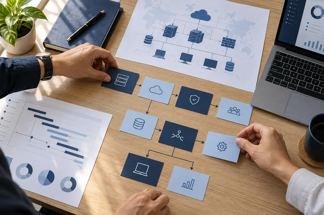 Technology planning materials arranged into a phased roadmap on a desk