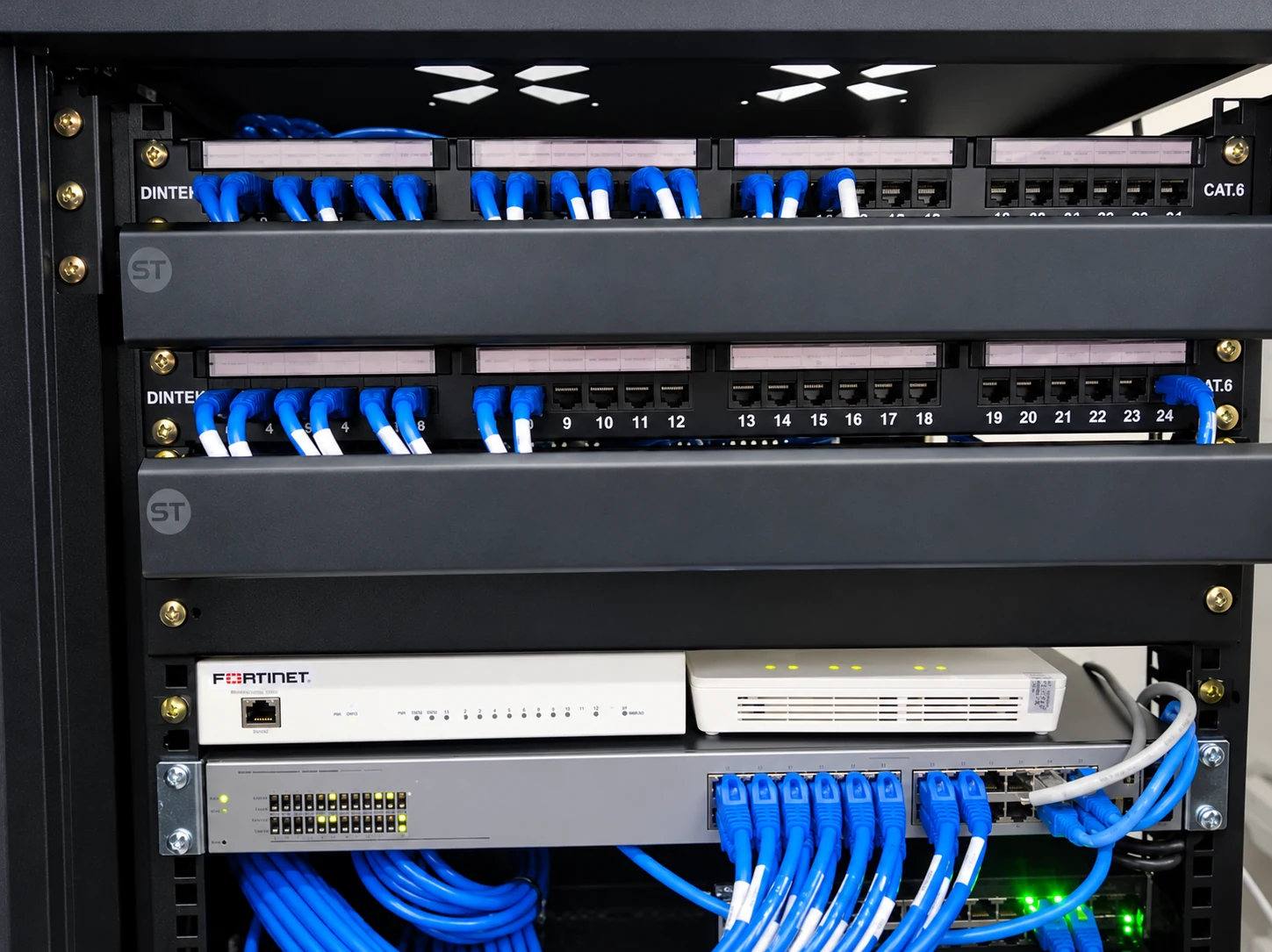 Completed patch panel, switch and firewall installation