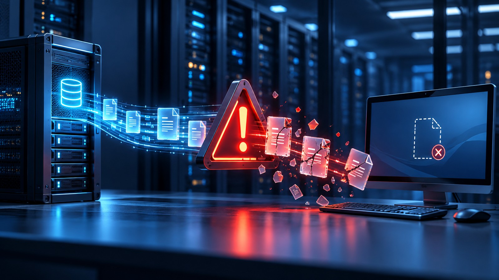 Conceptual illustration of a failed restore between a backup server and a workstation
