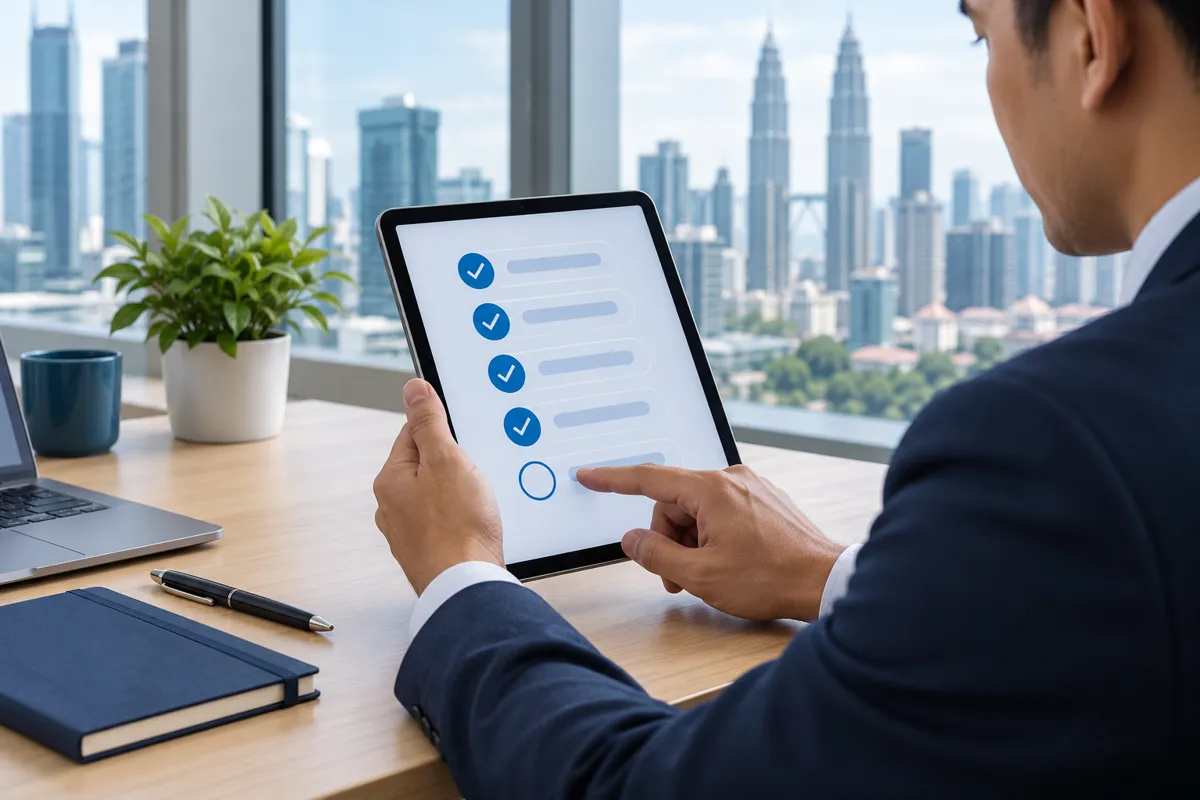 A business professional reviewing a five-item checklist on a tablet at an office desk