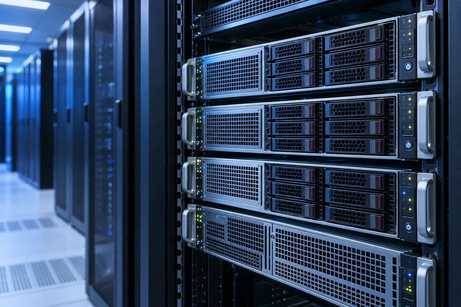 Illustration of rack-mounted enterprise servers with hot-swappable drive bays