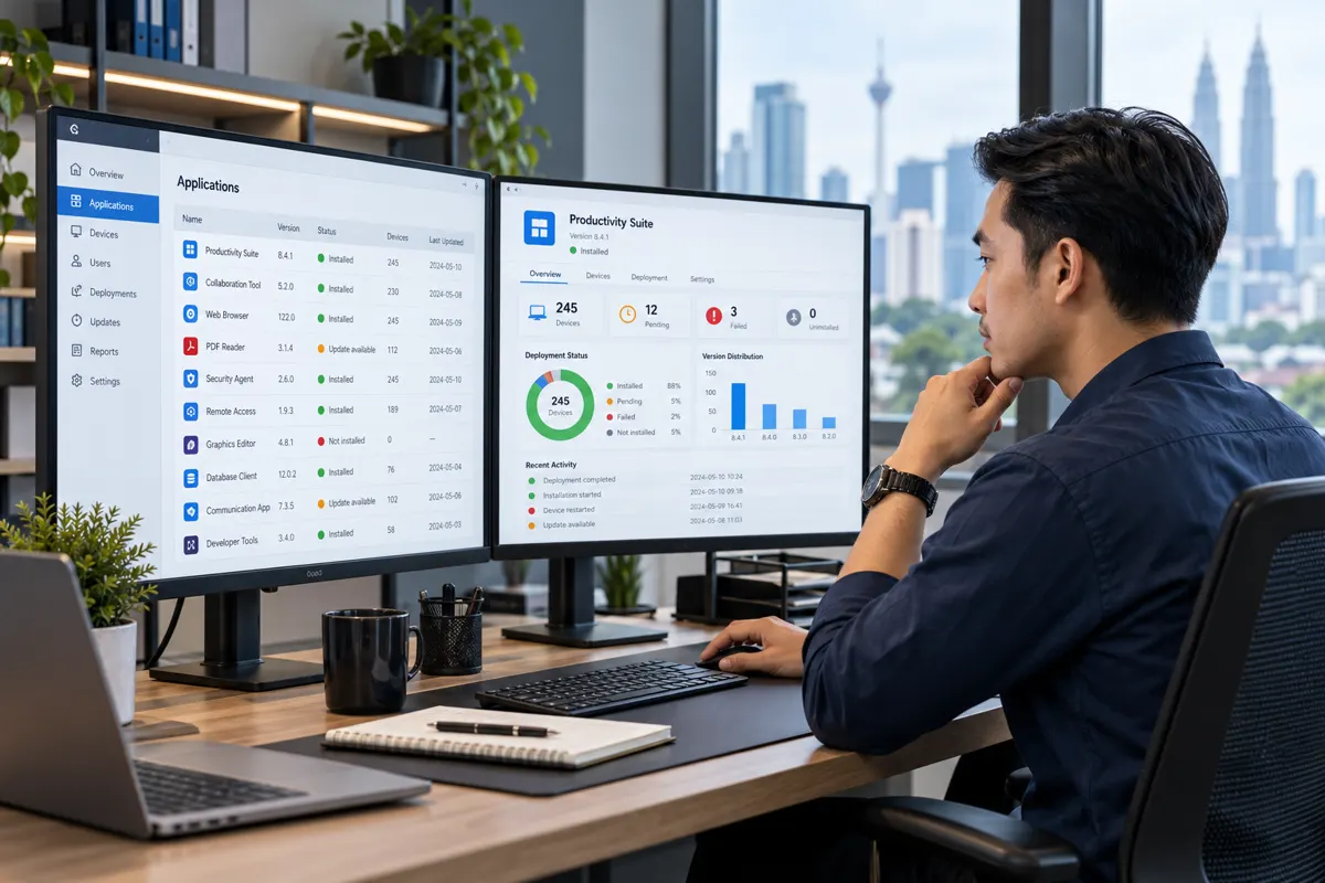 Business software specialist reviewing application inventory and deployment dashboards