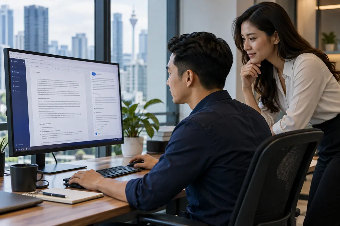 Colleagues reviewing an AI-assisted business report