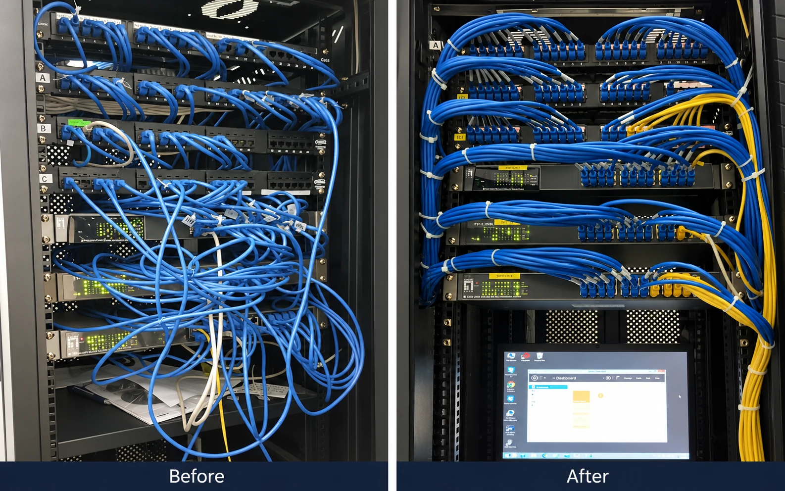 Network cabling before and after reorganisation