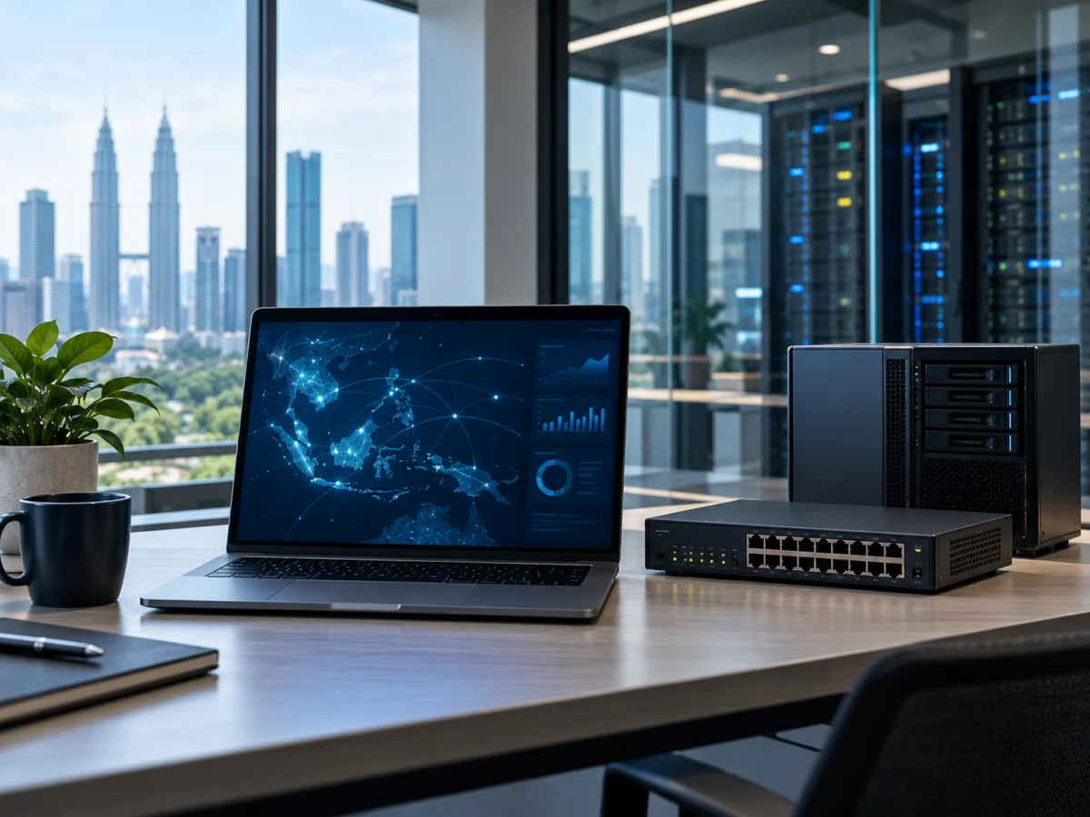 Illustration of a business workspace with laptop, networking equipment and server systems