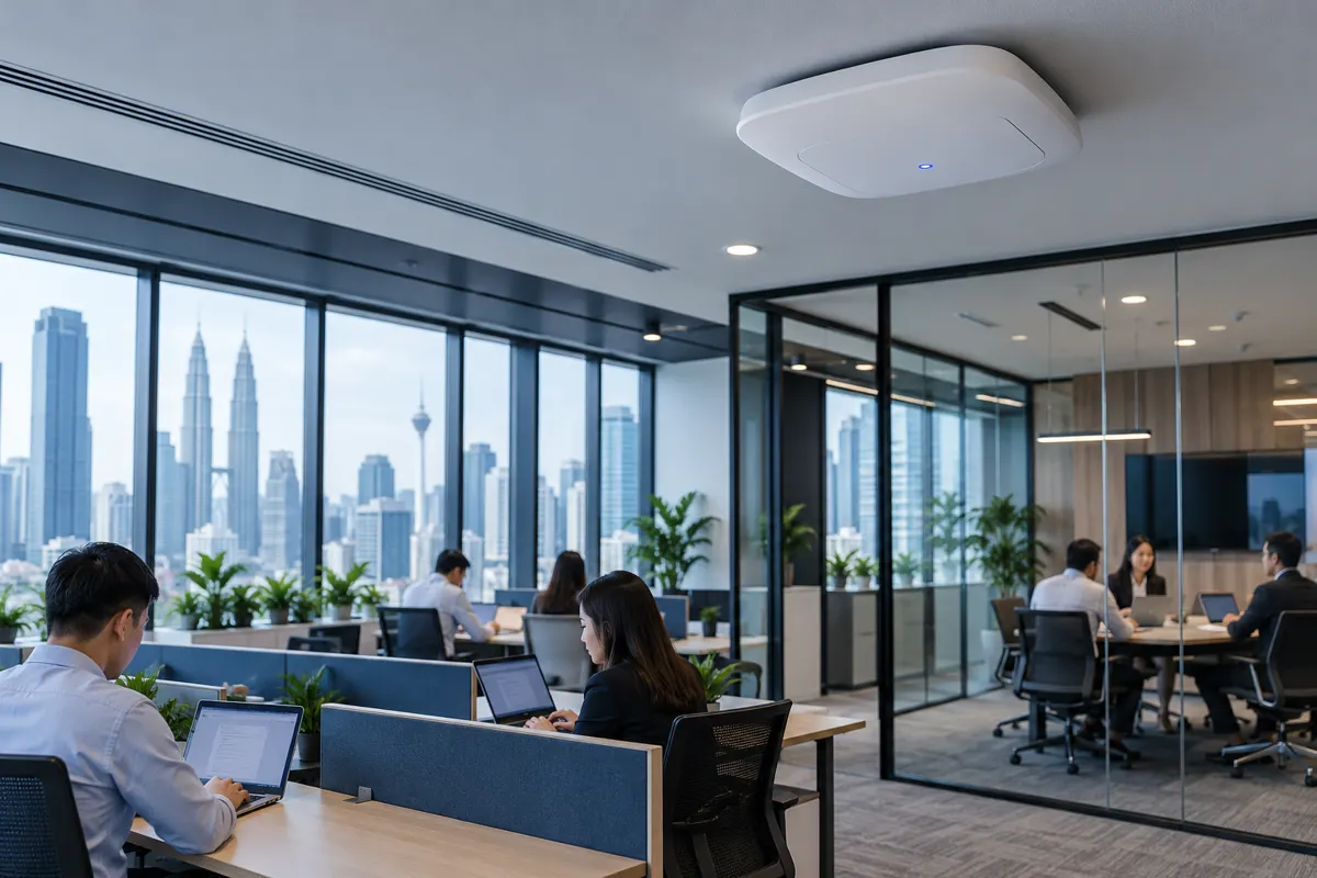Ceiling-mounted wireless access point serving a modern business office
